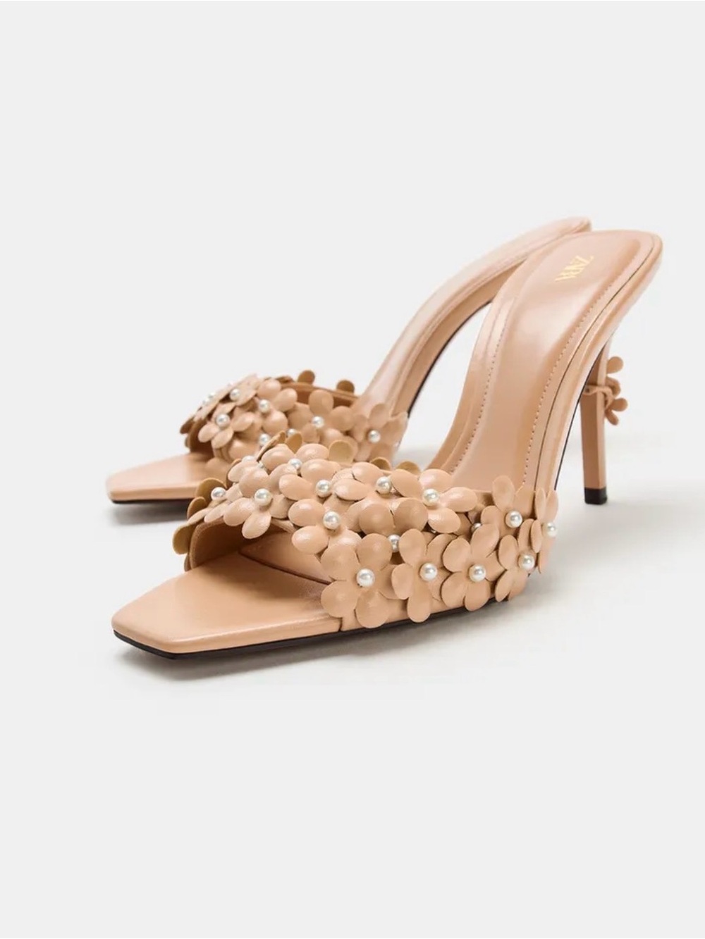 ZARA Nude Floral Pearl Embellished High Heel Mules